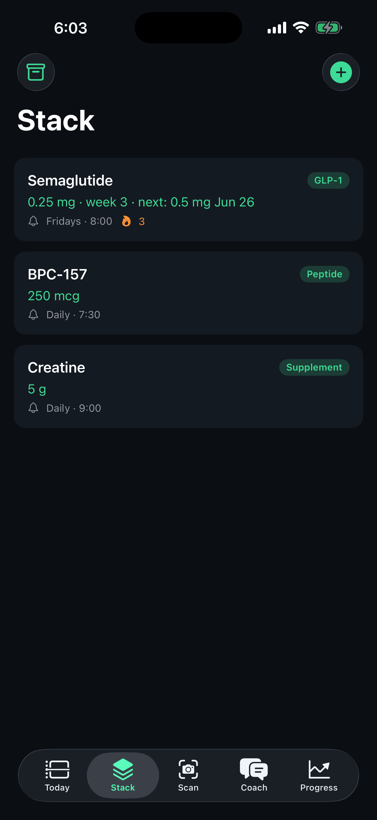 StackDose Stack screen with titration schedule